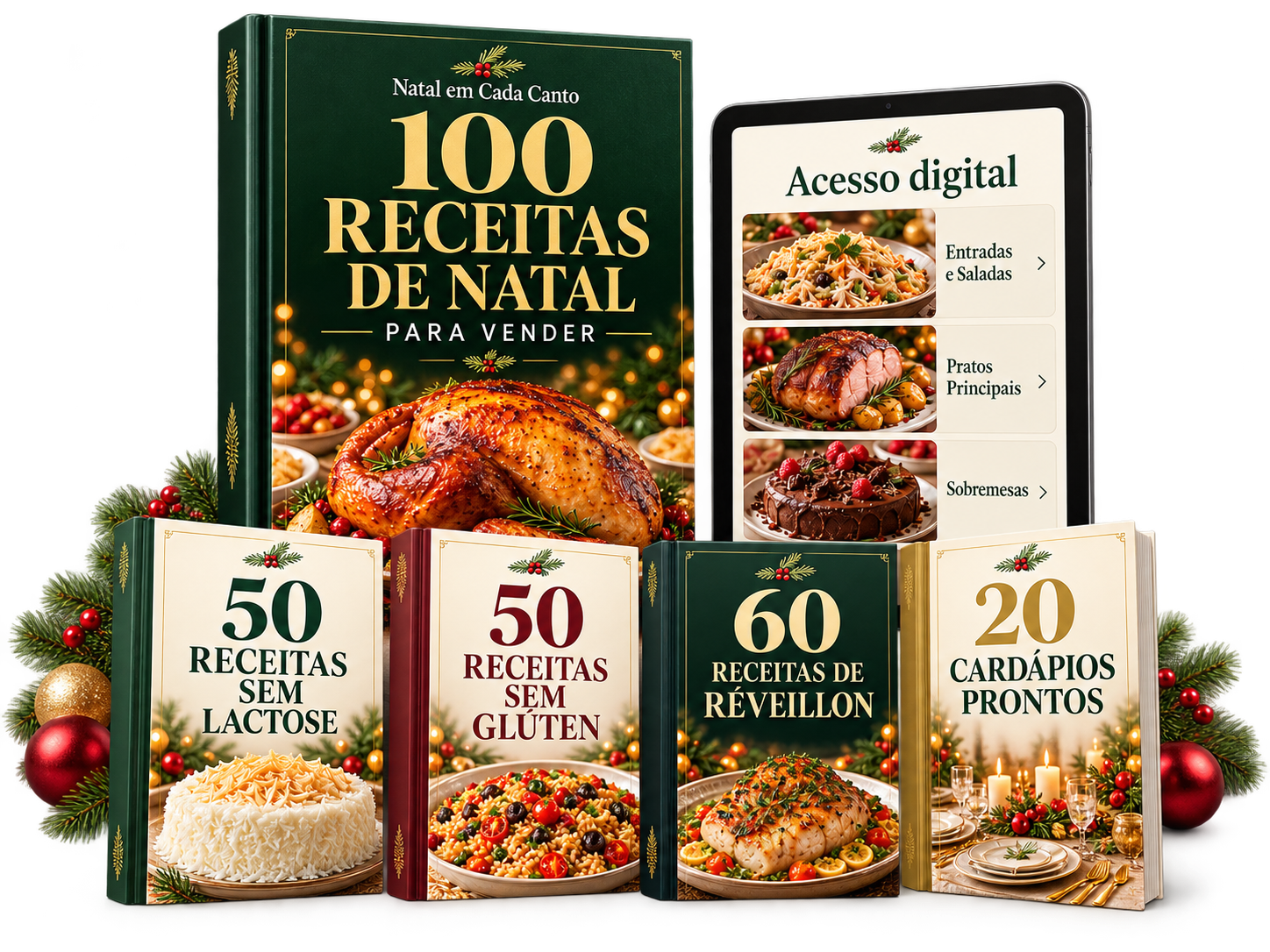 Livro de 100 receitas de natal, celular, tablet e os quatro materiais bônus com decoração natalina